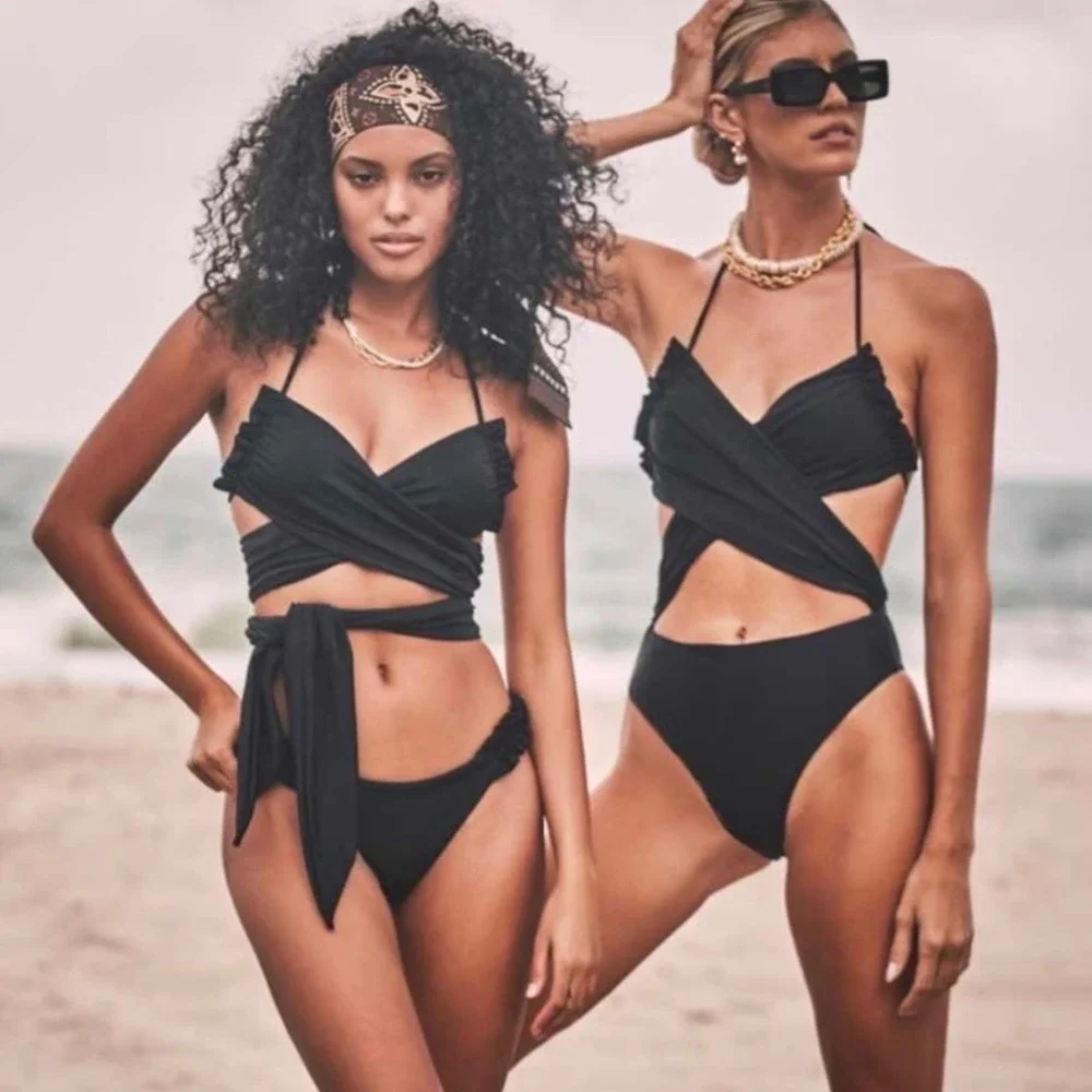 Devon Windsor Astrid Full-Piece Swimsuit Black‎ Cutout Ruffle Size XS NWT